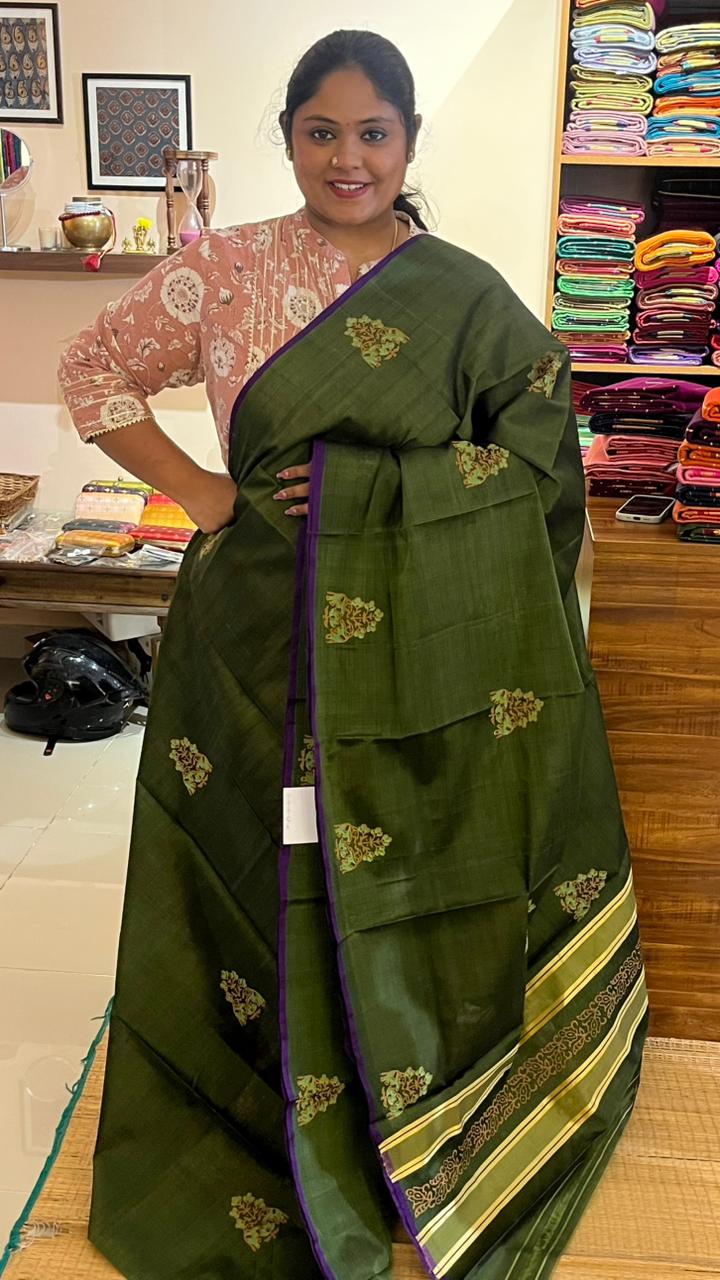 Devendra 6 Yards Block Print Saree - 11-10-01-6Y-01 (Green)