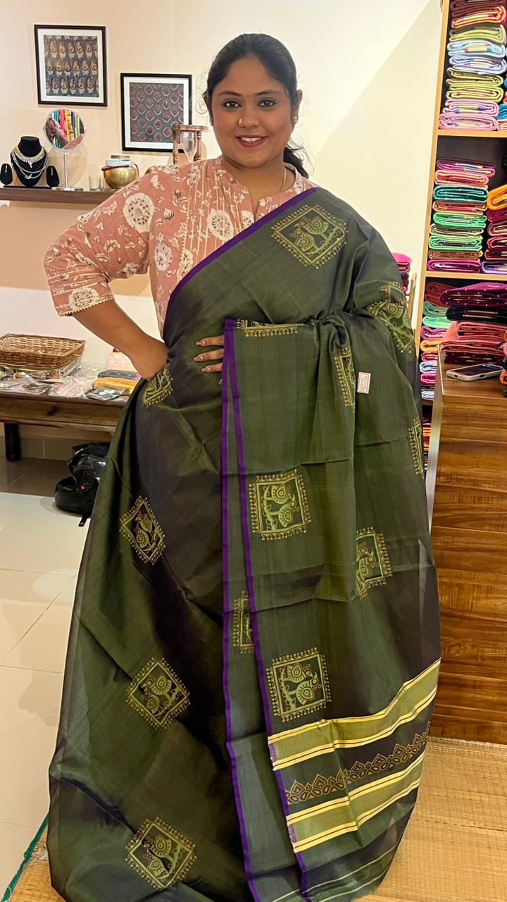 Devendra 6 Yards Block Print Saree - 11-10-01-6Y-03 (Green)