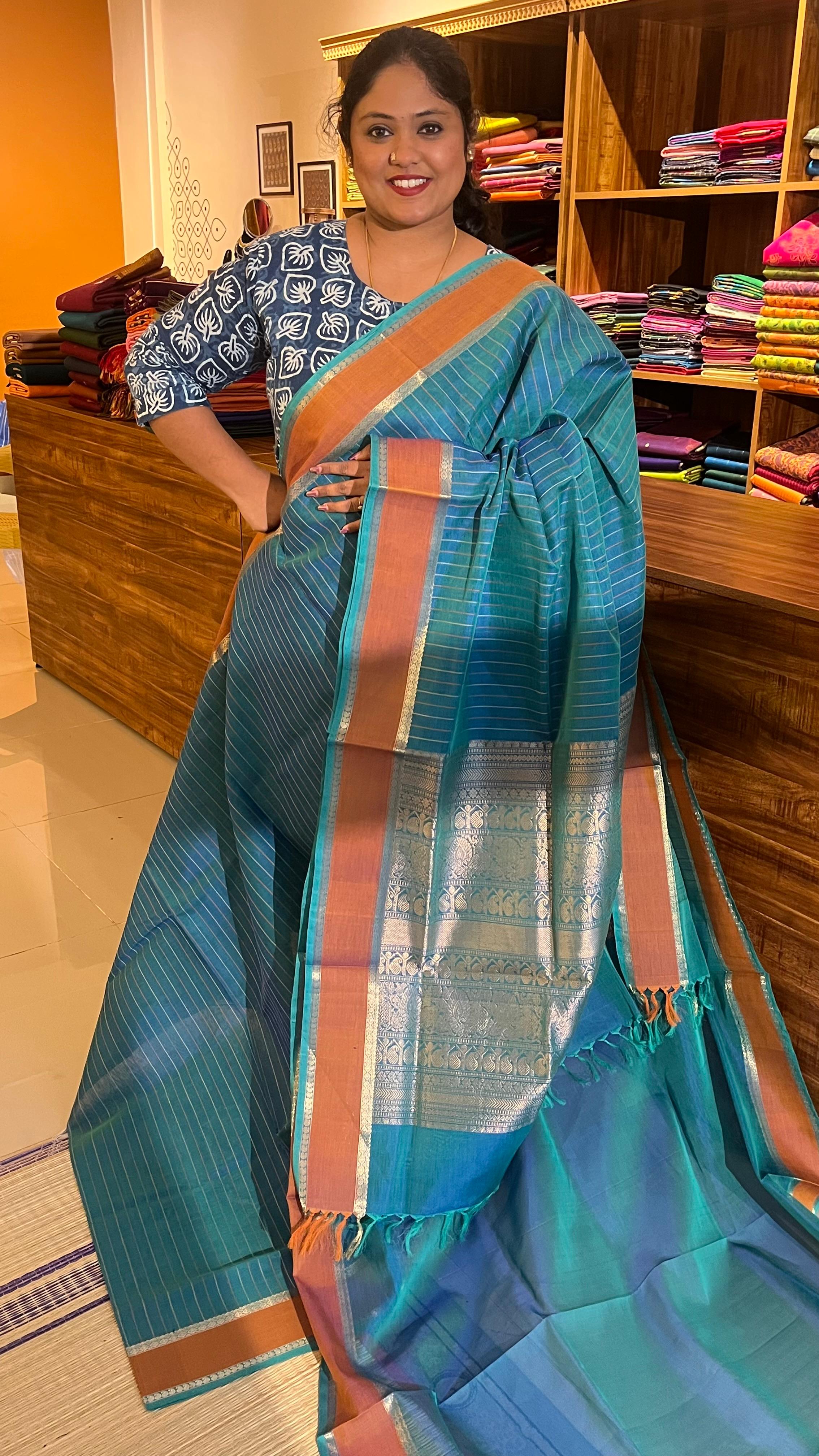 Kanchivaram Silk Cotton Saree - 01-12-04-PCS-09 (Blue Tone)