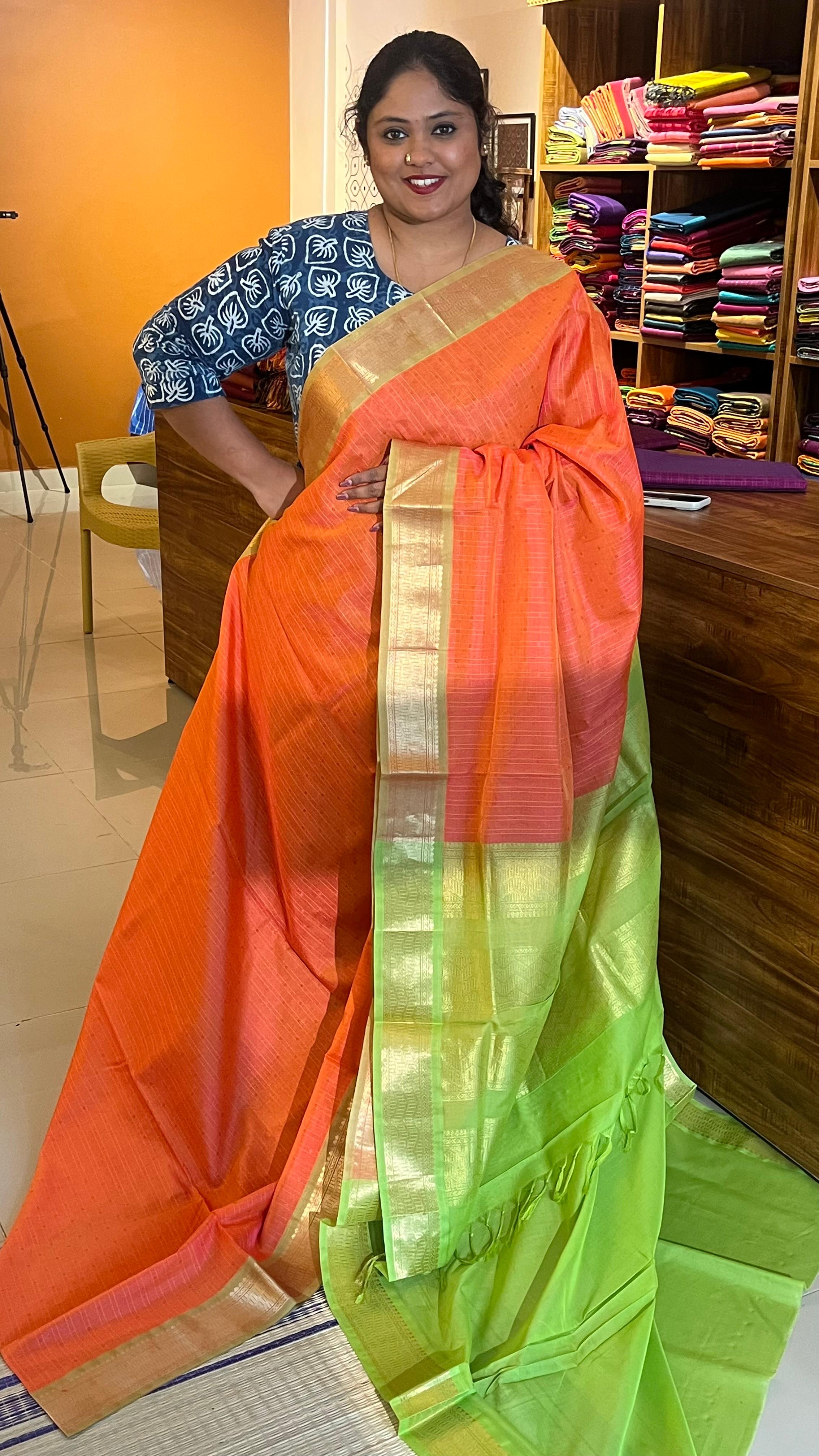 Kanchivaram Silk Cotton Saree - 01-07-19-05 (Orange With Parrot Green)