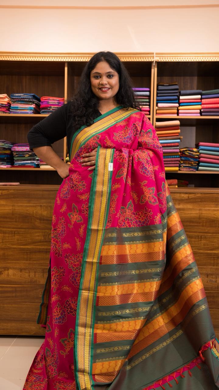 Semi Silk Kalamkari Printed Saree - 01-07-07B-01 (Rani Pink)