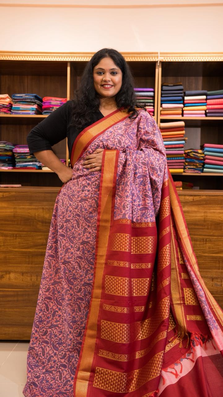 Semi Silk Kalamkari Printed Saree - 01-07-07B-15 (Pink)