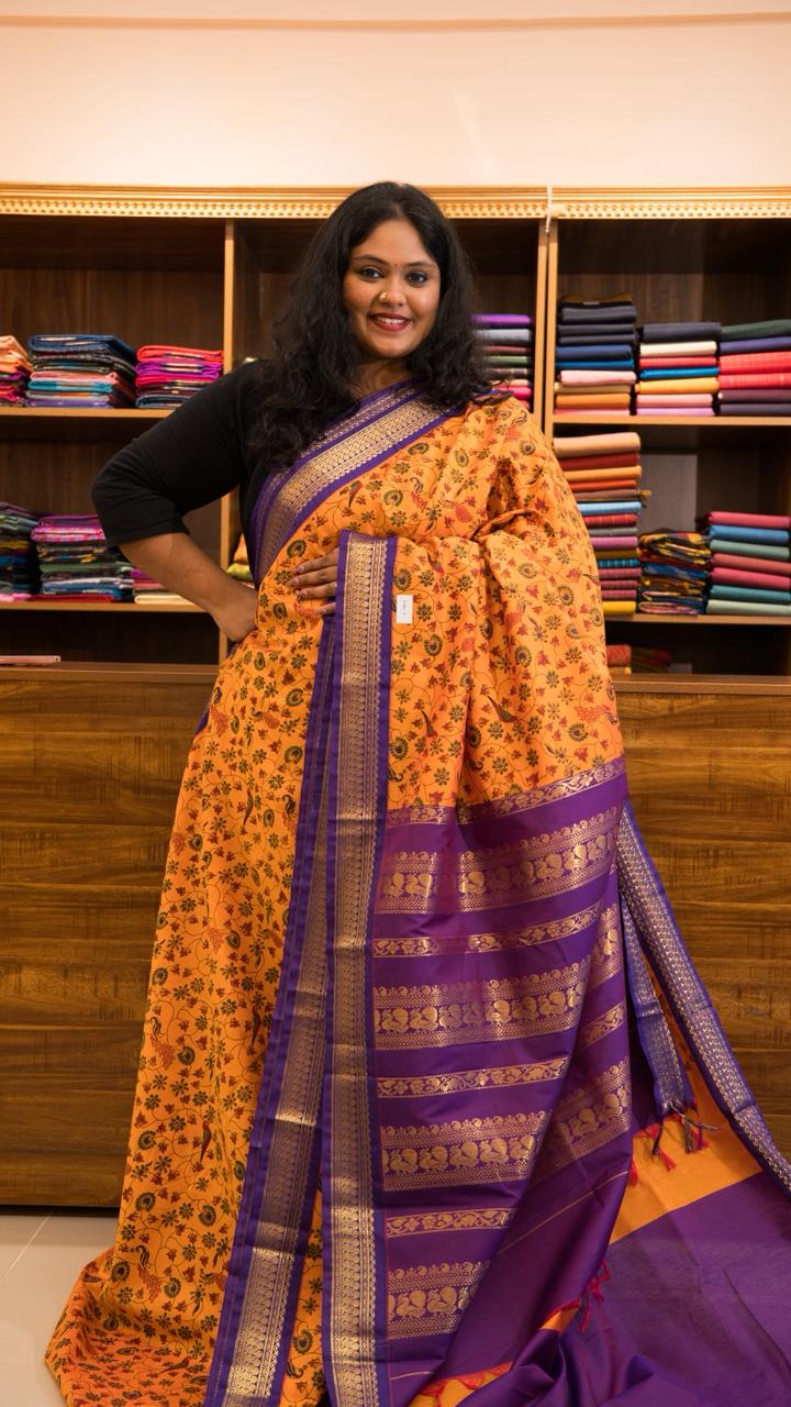 Semi Silk Kalamkari Printed Saree - 01-07-07B- 14 (Manbazham Yellow)