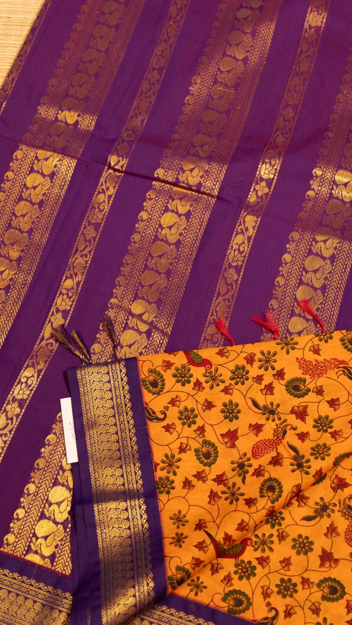 Semi Silk Kalamkari Printed Saree - 01-07-07B- 14 (Manbazham Yellow)