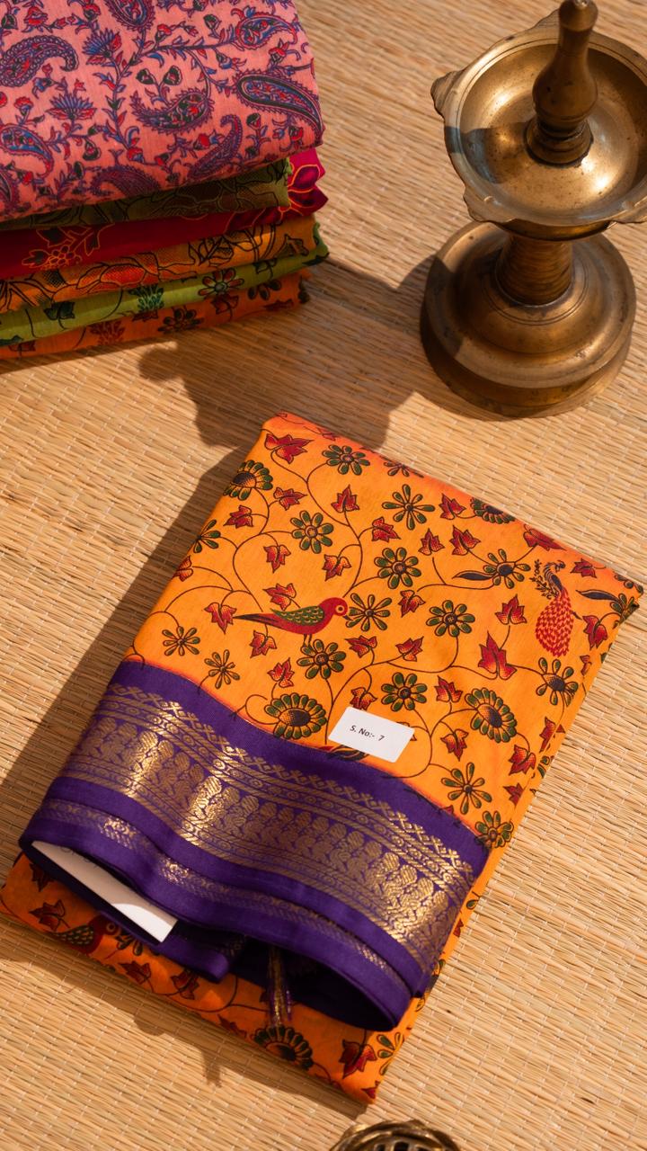 Semi Silk Kalamkari Printed Saree - 01-07-07B- 14 (Manbazham Yellow)