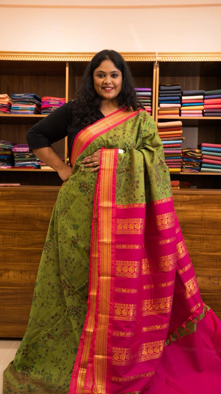 Semi Silk Kalamkari Printed Saree - 01-07-07B-08 ( Leaf Green)