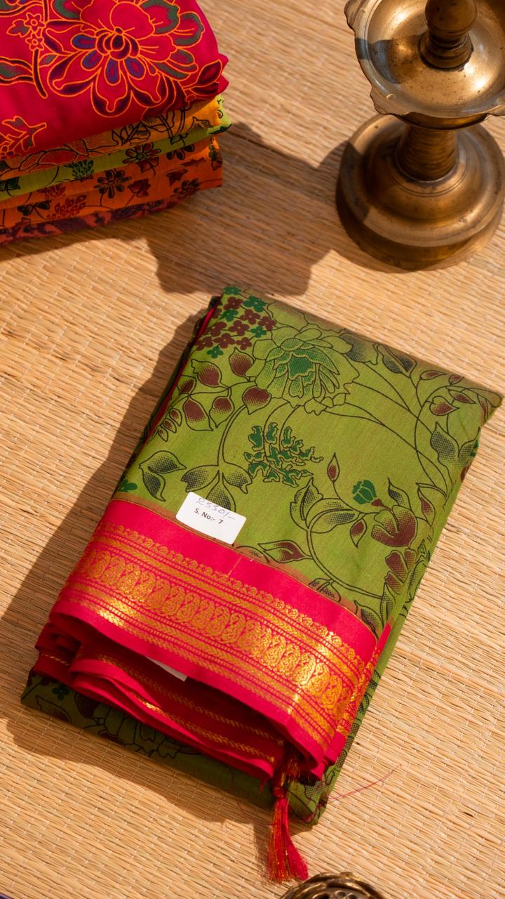 Semi Silk Kalamkari Printed Saree - 01-07-07B-08 ( Leaf Green)