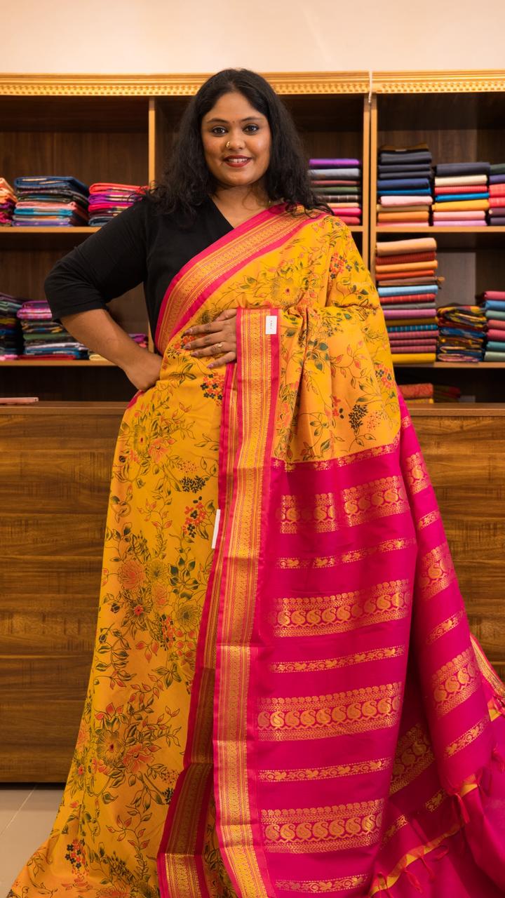 Semi Silk Kalamkari Printed Saree - 01-07-07B-12 (Yellow)