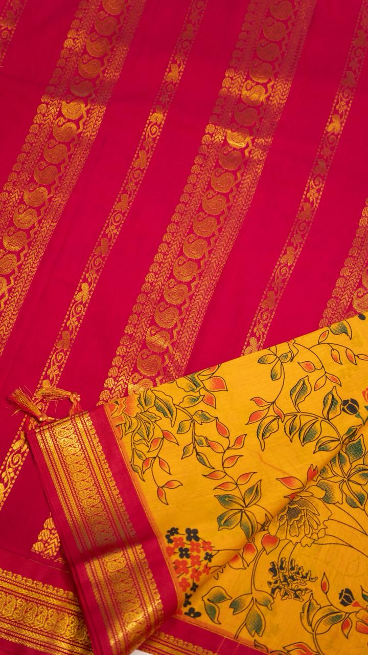 Semi Silk Kalamkari Printed Saree - 01-07-07B-12 (Yellow)