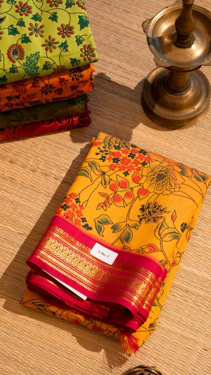 Semi Silk Kalamkari Printed Saree - 01-07-07B-12 (Yellow)