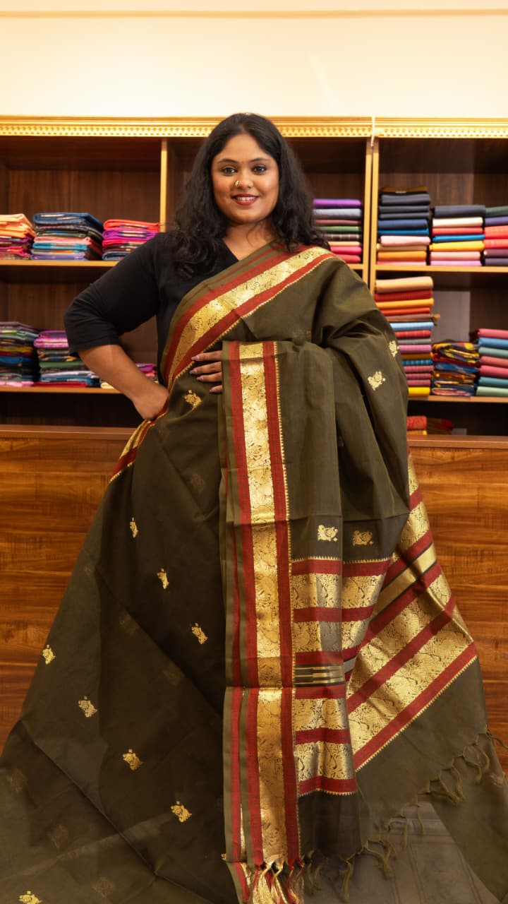 Kanchivaram Silk Cotton Saree - 01-07-24-01 (Olive Green)