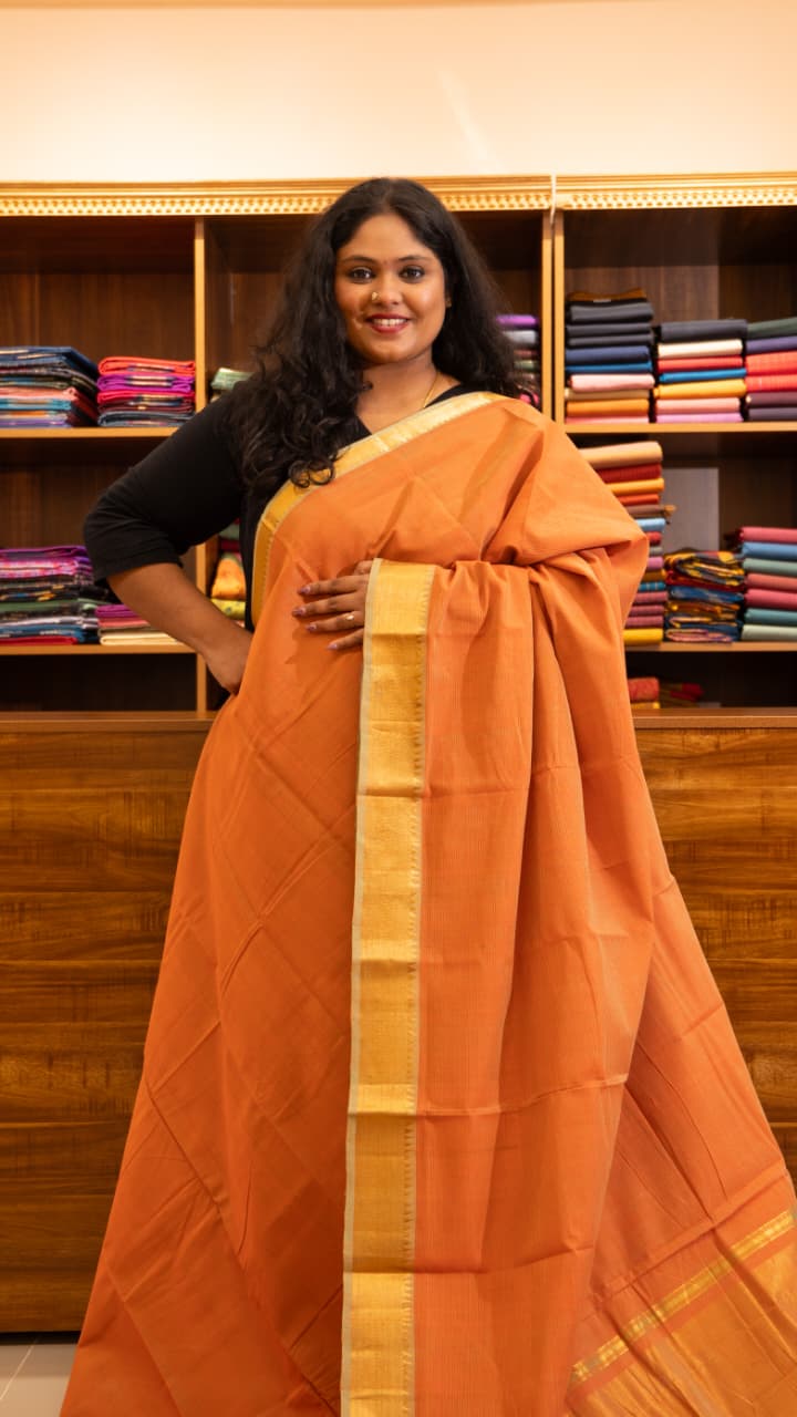 Mangalgiri Plain Cotton Saree - 15-11-06-08 (Sunset Ember)