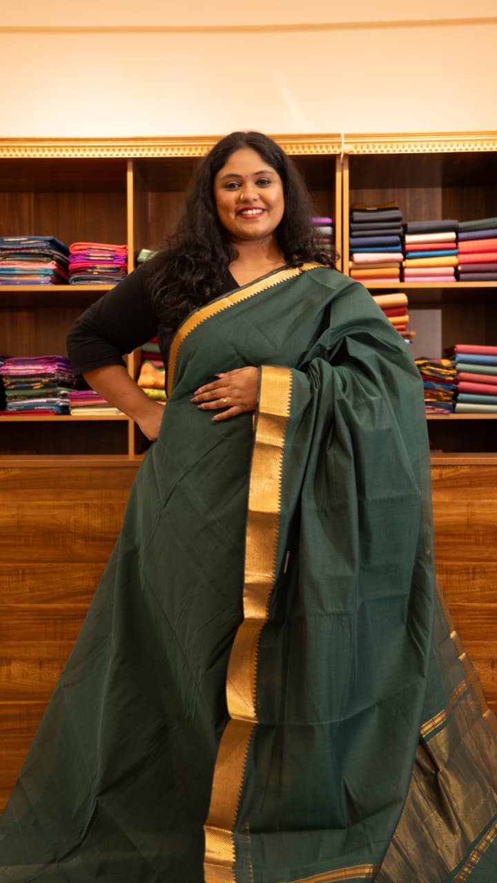 Mangalgiri Plain Cotton Saree - 15-11-06-05 (Dark Green Colour)