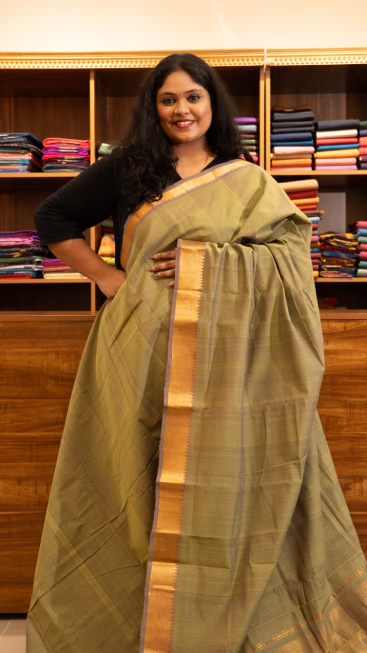 Mangalgiri Plain Cotton Saree - 15-11-06-12 (Olive Glimmer Colour)