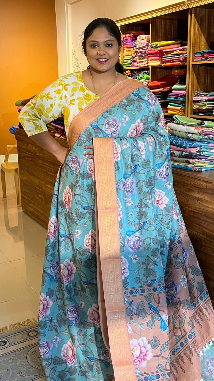 Cotton Linen Garden Saree - 15-11-03-08 (Floral Blue Bliss)