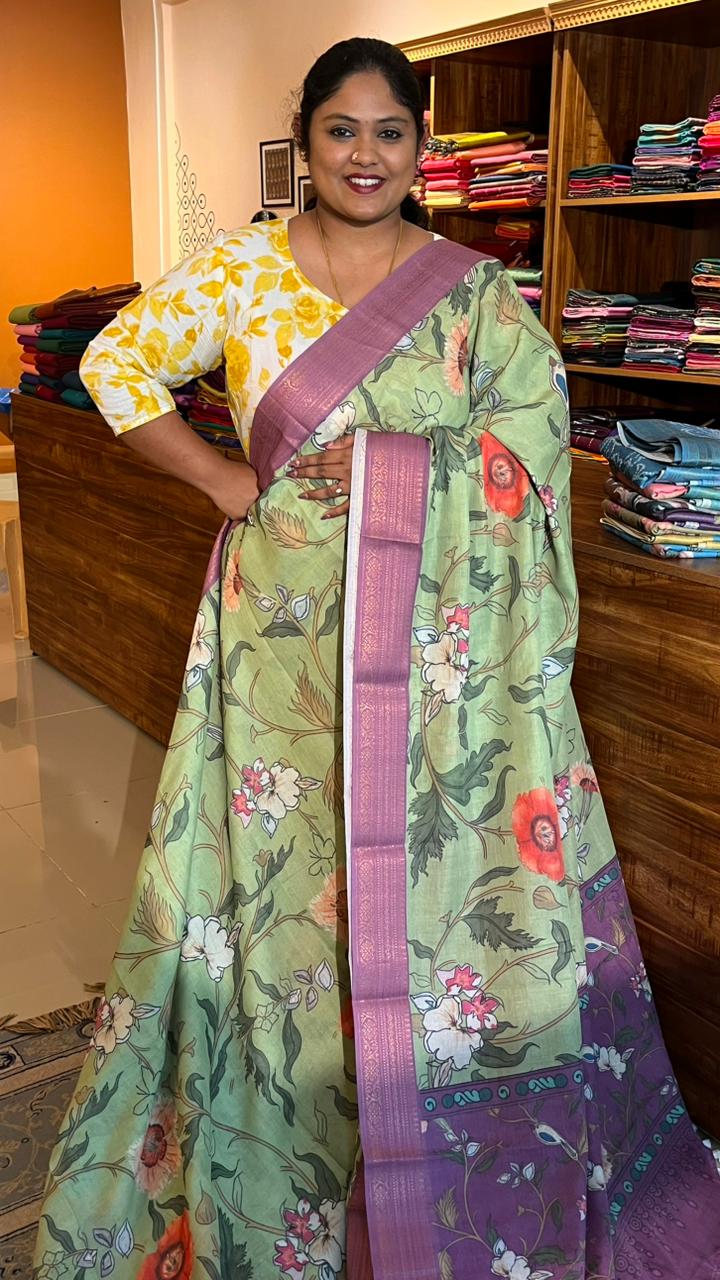 Cotton Linen Garden Saree - 15-11-03-01 (Pista Green Floral)