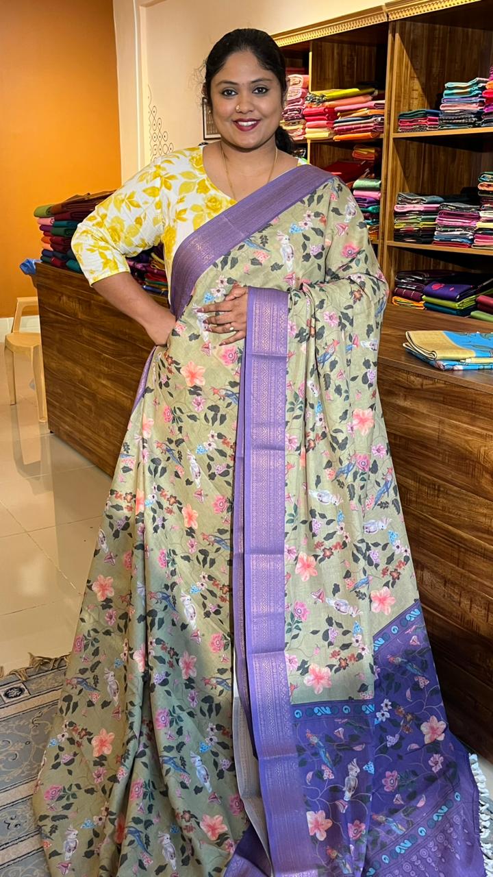 Cotton Linen Garden Saree - 15-11-03-06 (Olive Green Floral with Purple)