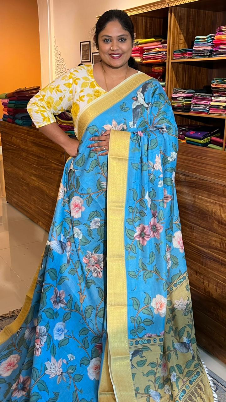 Cotton Linen Garden Saree - 15-11-03-07 (Blue Floral with Yellow)