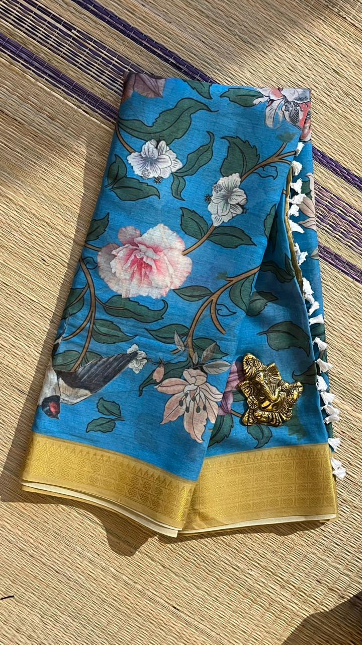 Cotton Linen Garden Saree - 15-11-03-07 (Blue Floral with Yellow)