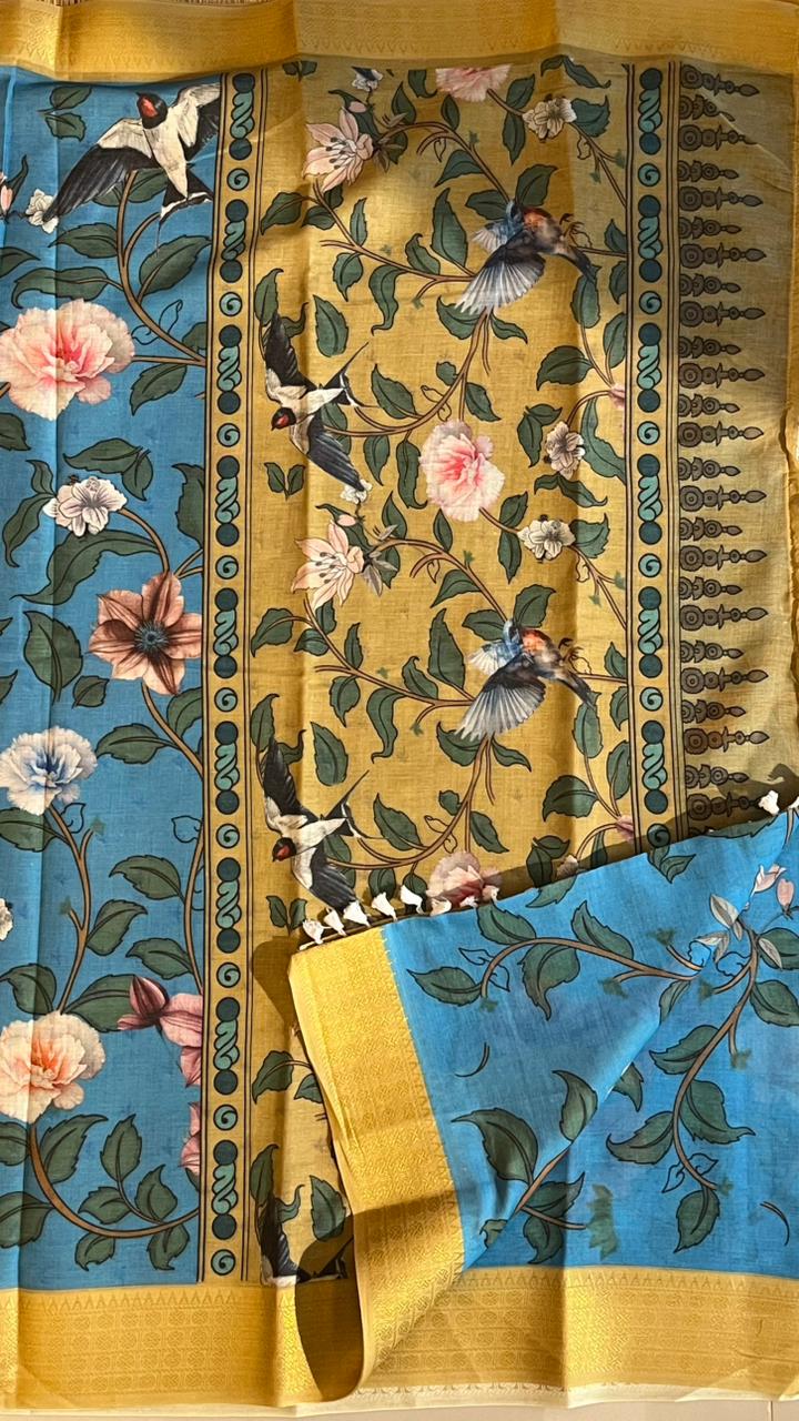 Cotton Linen Garden Saree - 15-11-03-07 (Blue Floral with Yellow)
