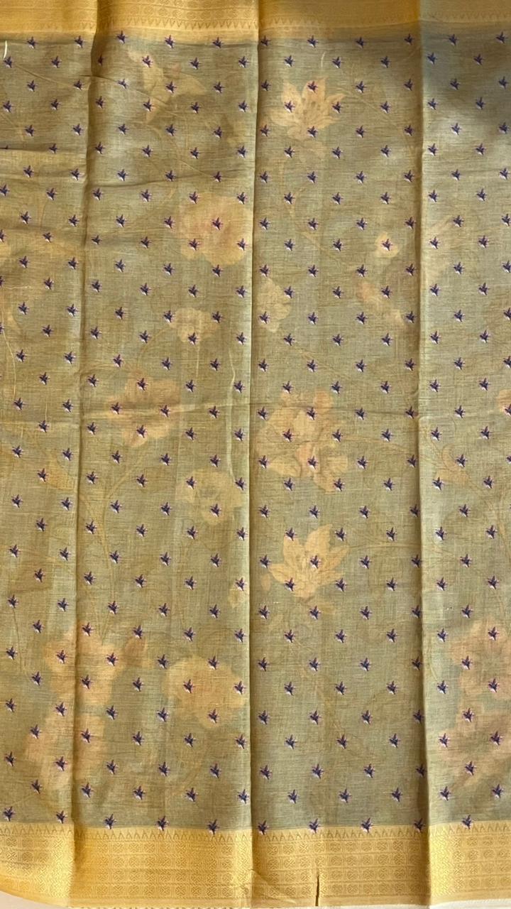Cotton Linen Garden Saree - 15-11-03-07 (Blue Floral with Yellow)