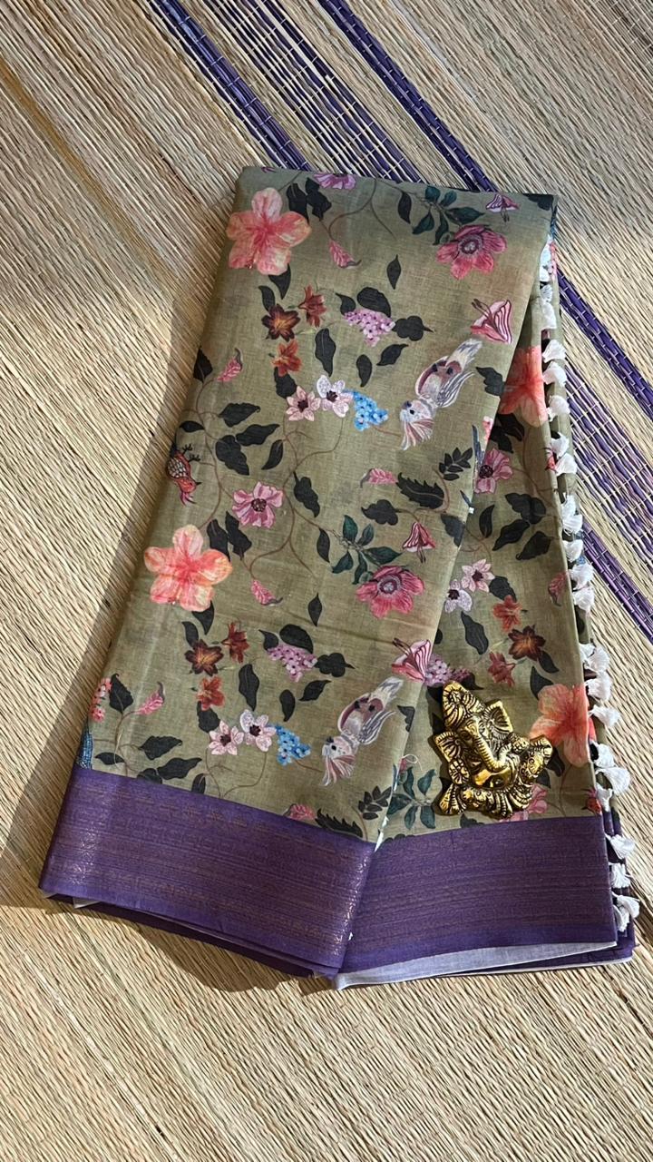 Cotton Linen Garden Saree - 15-11-03-06 (Olive Green Floral with Purple)