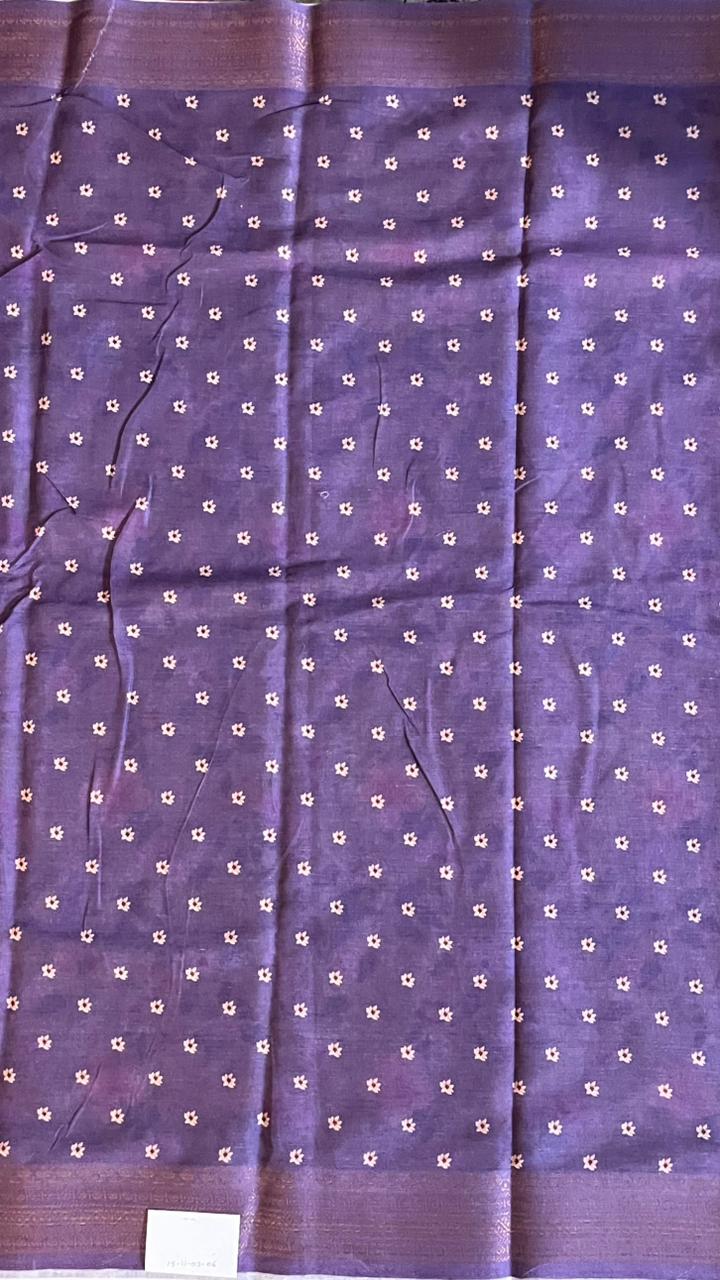 Cotton Linen Garden Saree - 15-11-03-06 (Olive Green Floral with Purple)
