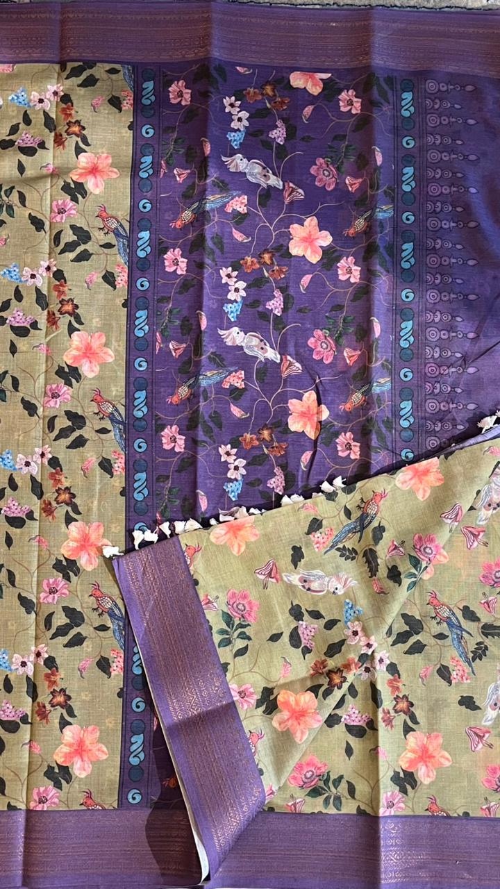 Cotton Linen Garden Saree - 15-11-03-06 (Olive Green Floral with Purple)