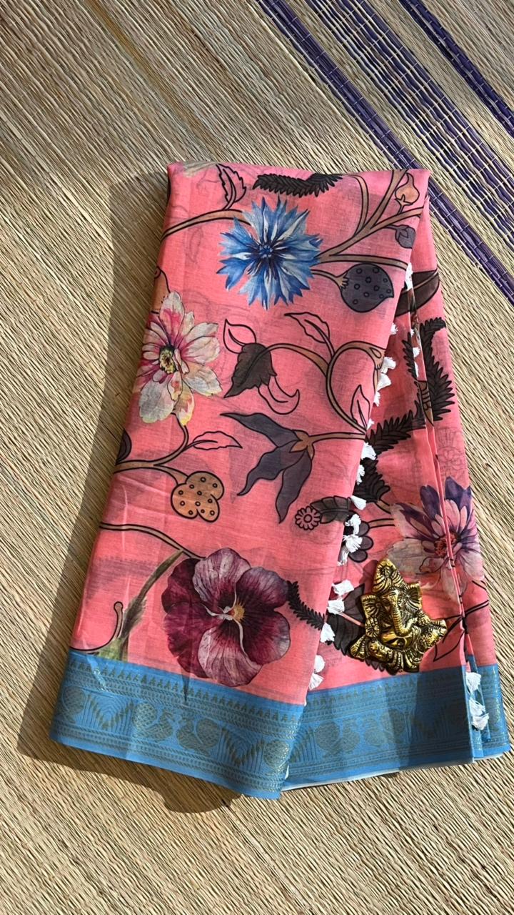 Cotton Linen Garden Saree - 15-11-03-05 (Peachy Blossom with Sky Blue)