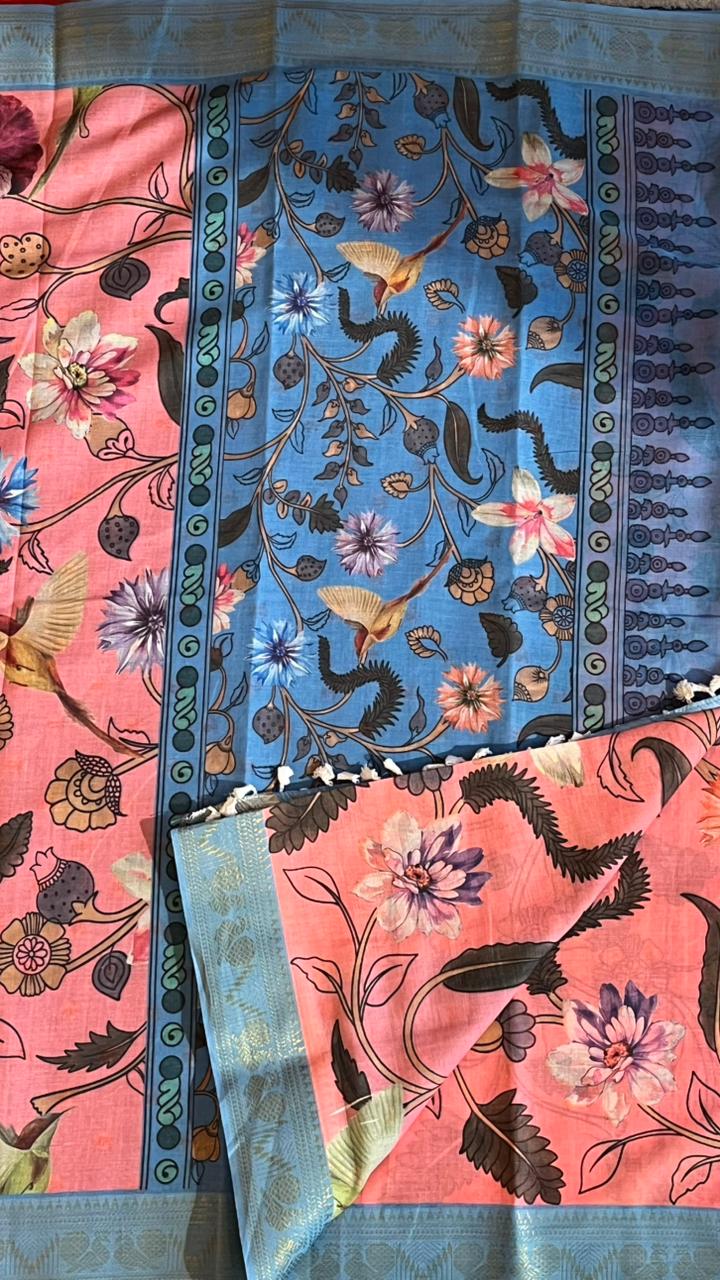 Cotton Linen Garden Saree - 15-11-03-05 (Peachy Blossom with Sky Blue)