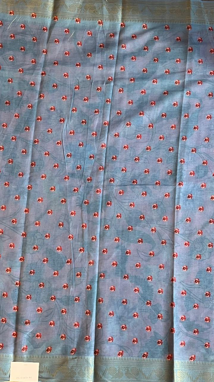 Cotton Linen Garden Saree - 15-11-03-05 (Peachy Blossom with Sky Blue)