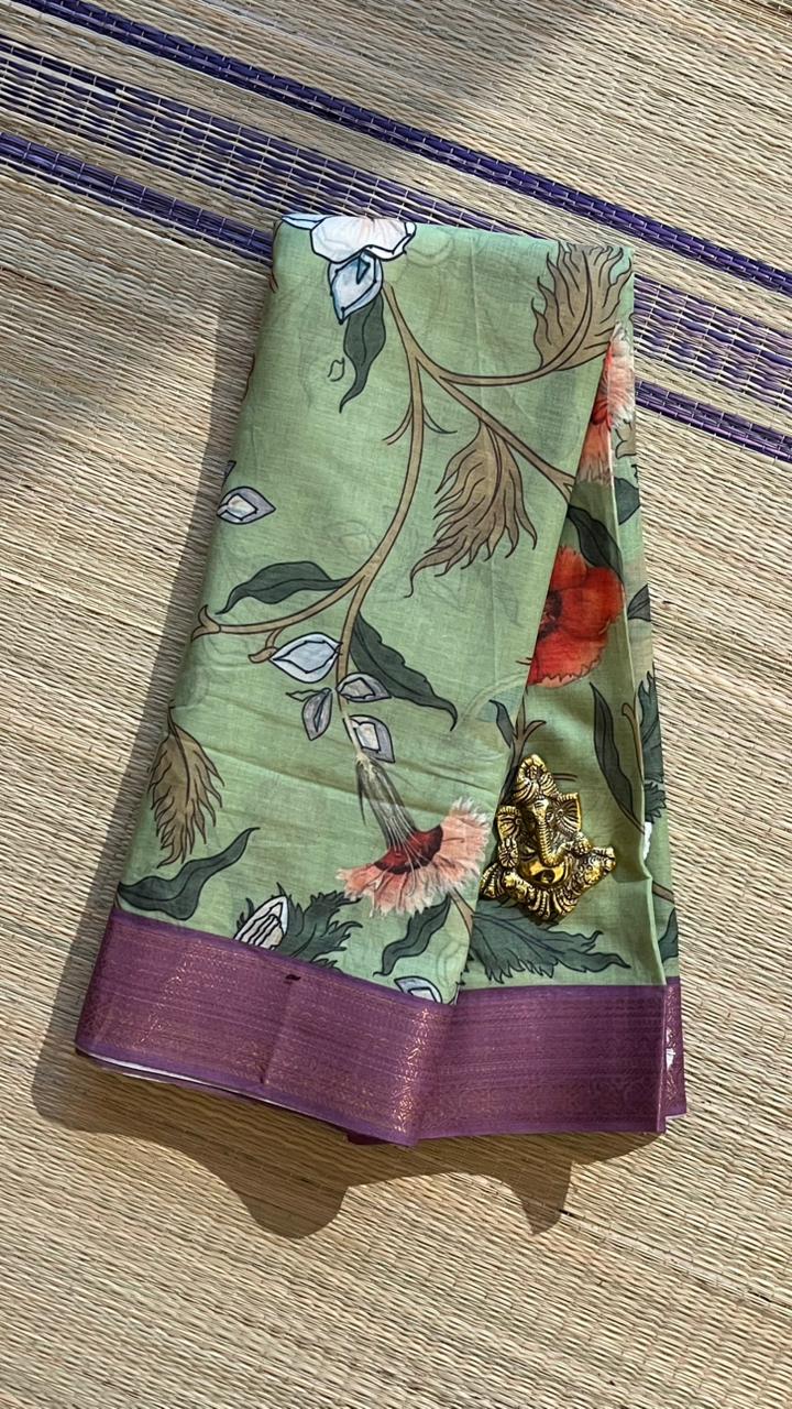 Cotton Linen Garden Saree - 15-11-03-01 (Pista Green Floral)