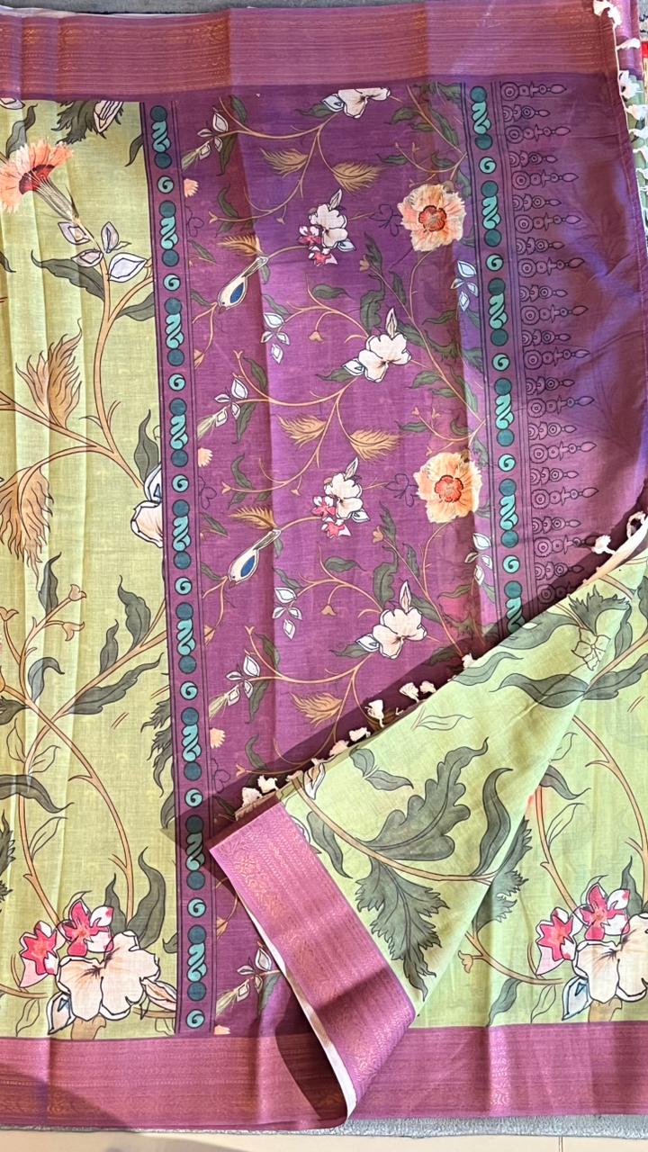 Cotton Linen Garden Saree - 15-11-03-01 (Pista Green Floral)