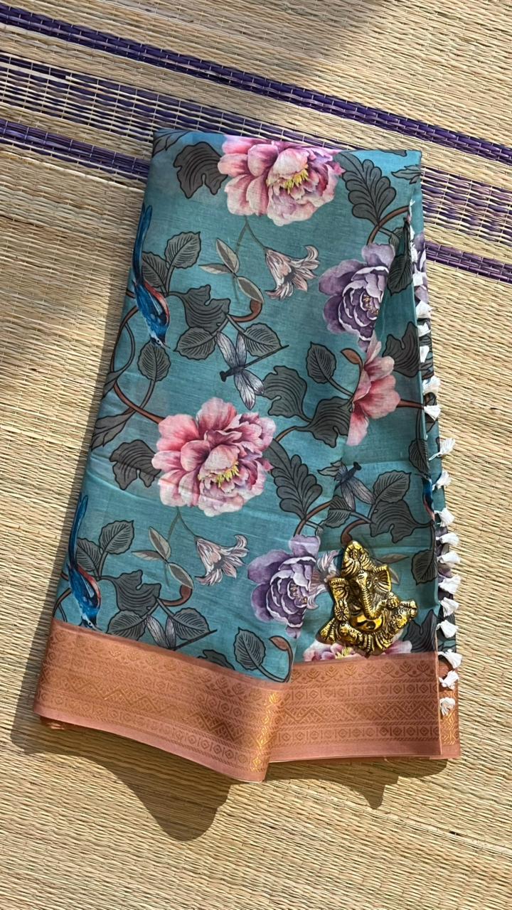 Cotton Linen Garden Saree - 15-11-03-08 (Floral Blue Bliss)