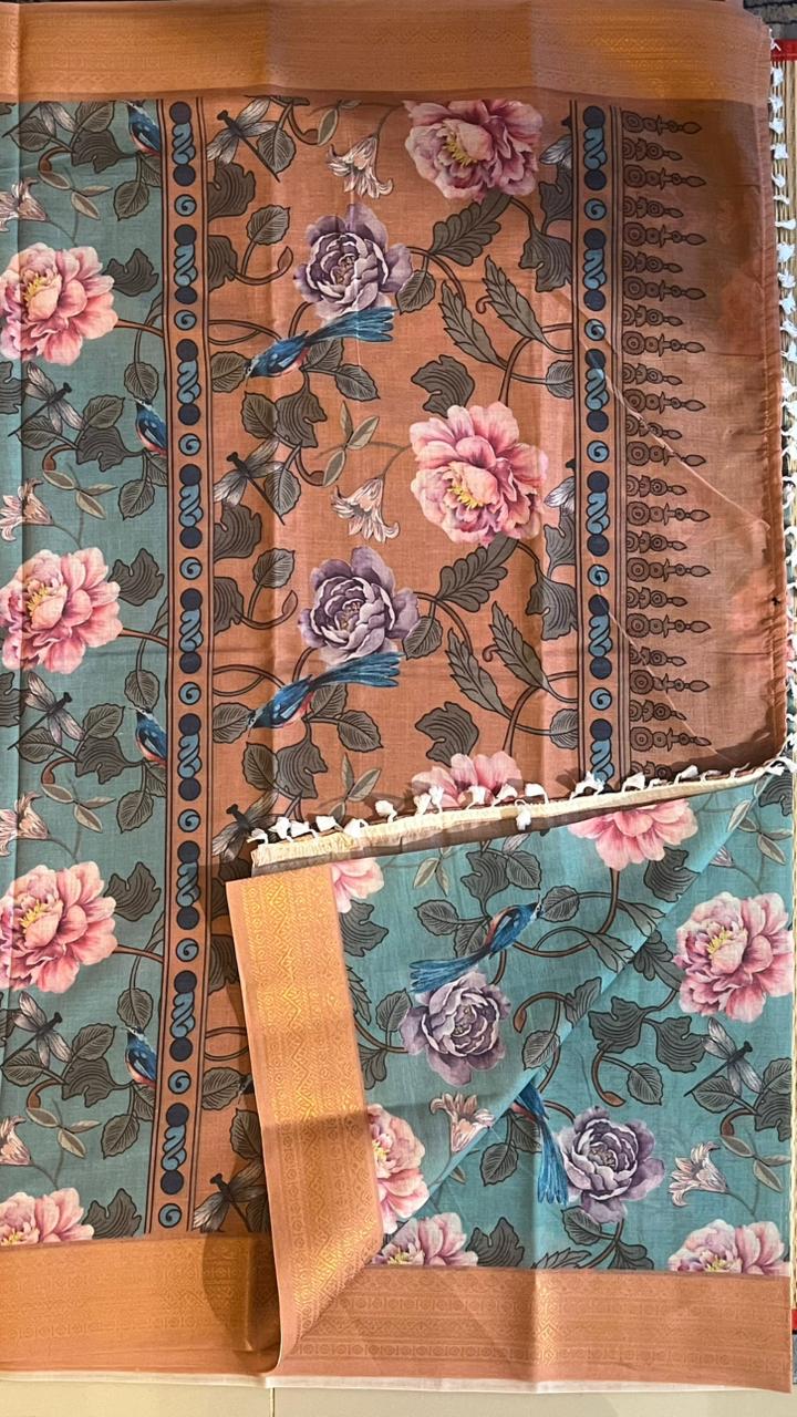 Cotton Linen Garden Saree - 15-11-03-08 (Floral Blue Bliss)