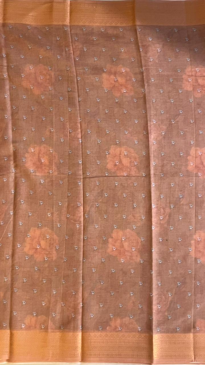 Cotton Linen Garden Saree - 15-11-03-08 (Floral Blue Bliss)