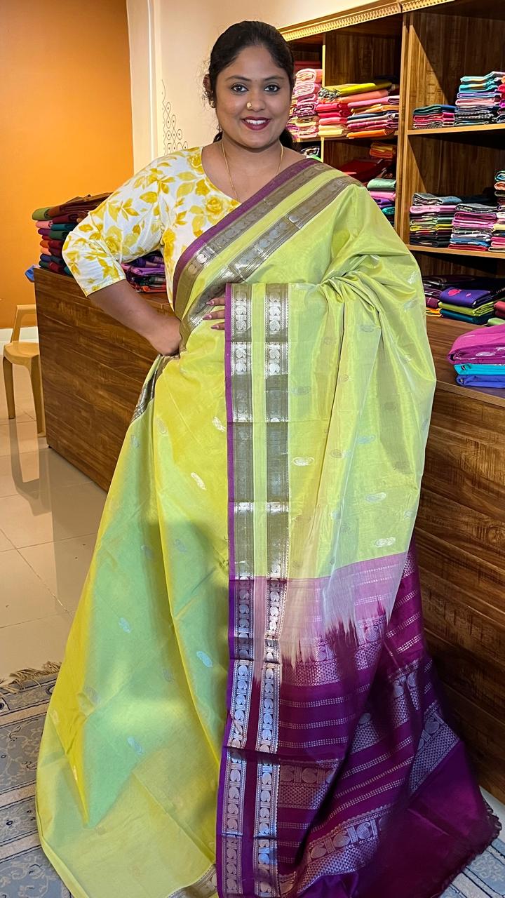 Mangalgiri Silk Cotton Saree - 15-11-02-04 (Lime Yellow with Meganta)
