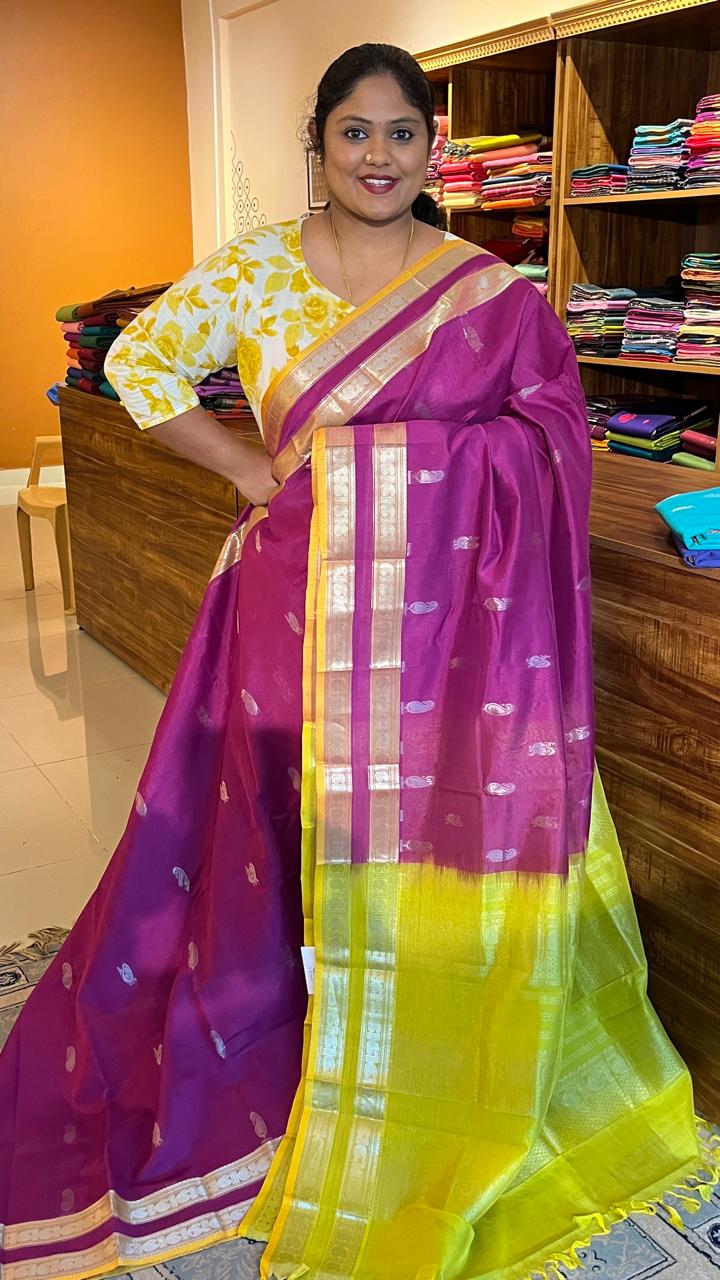 Mangalgiri Silk Cotton Saree - 15-11-02-05 (Meganta with Lime Yellow)