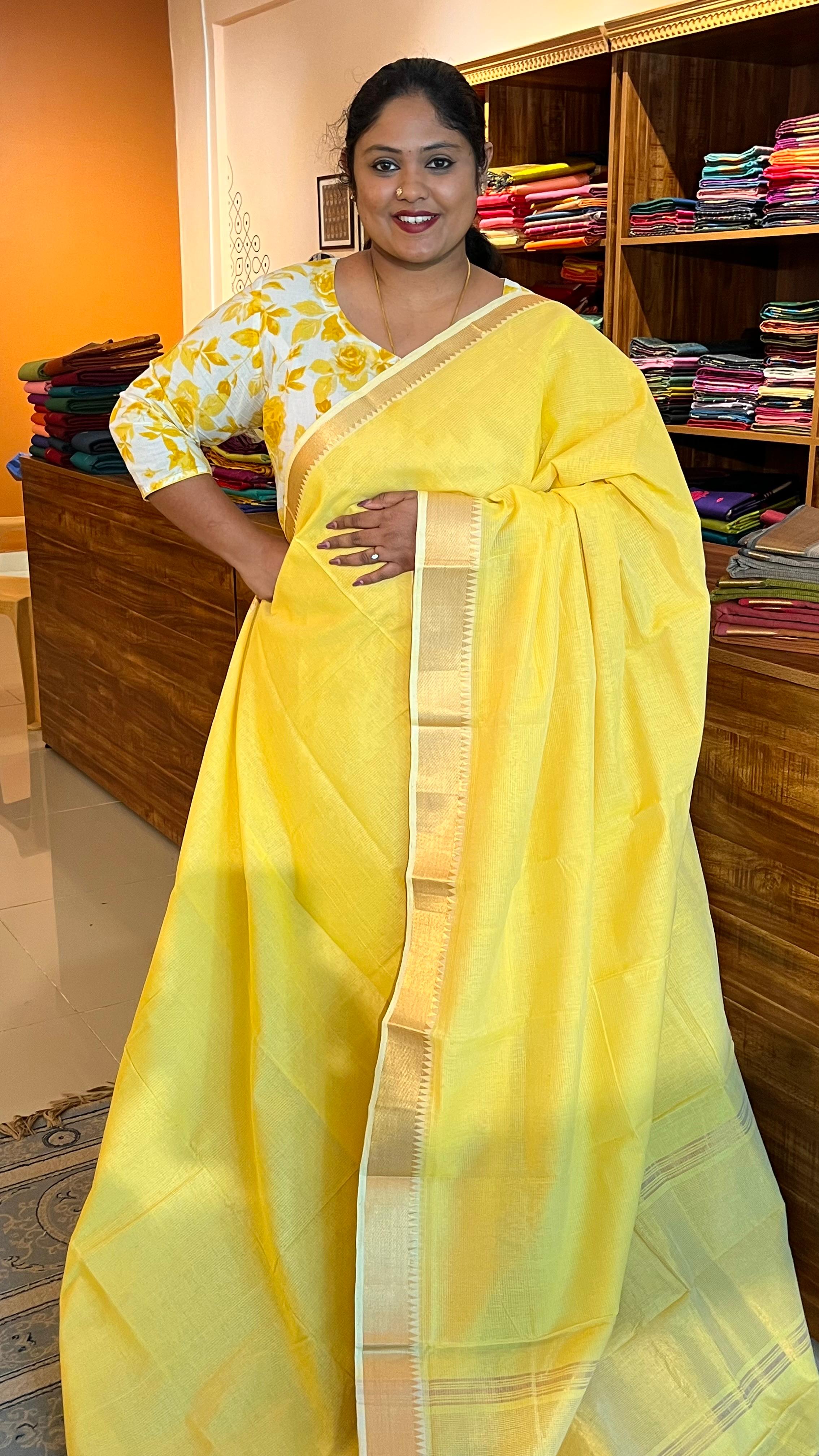 Mangalgiri Plain Cotton Saree - 15-11-06-01 (Lime Yellow)