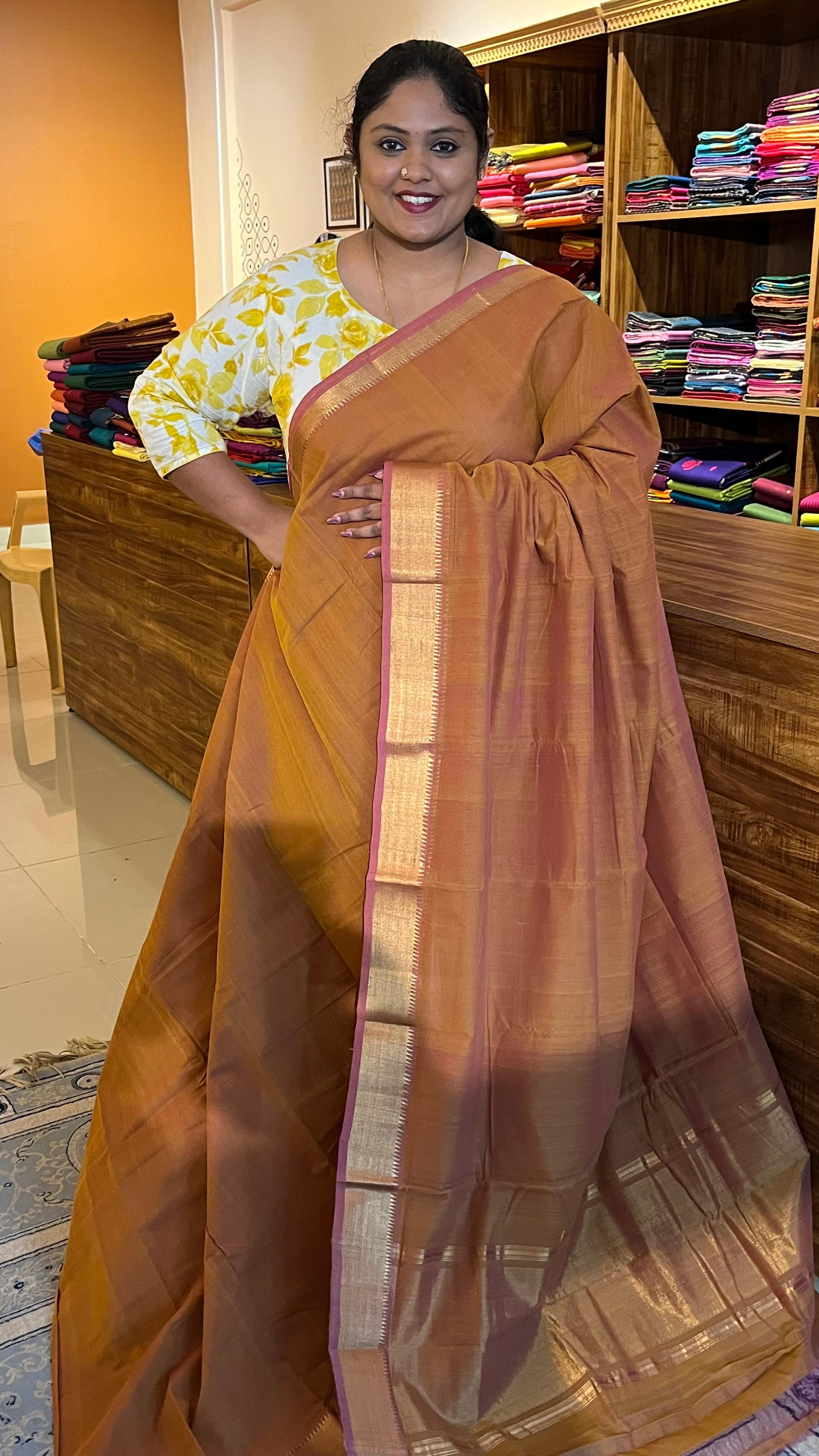 Mangalgiri Plain Cotton Saree - 15-11-04-01 (Sunset Ember)
