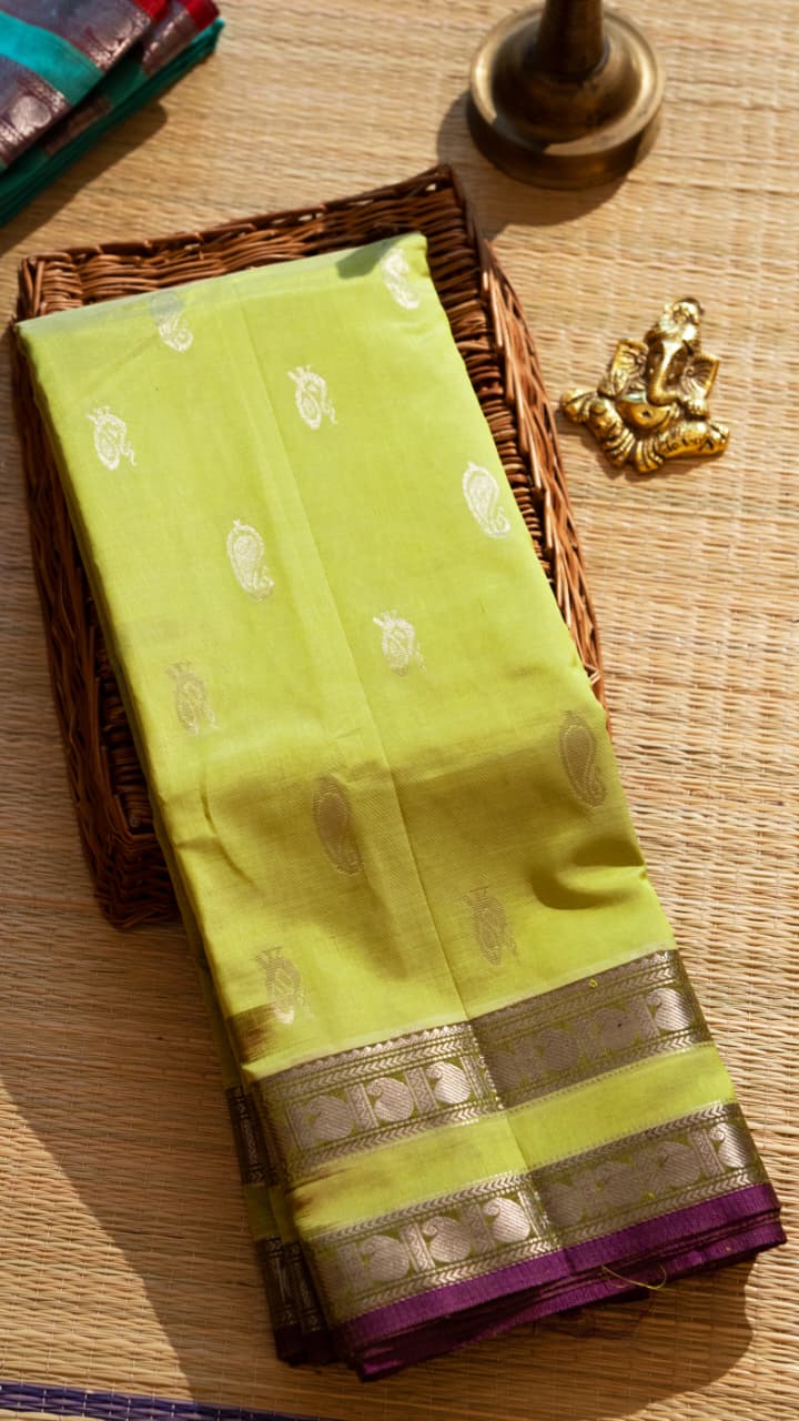 Mangalgiri Silk Cotton Saree - 15-11-02-04 (Lime Yellow with Meganta)