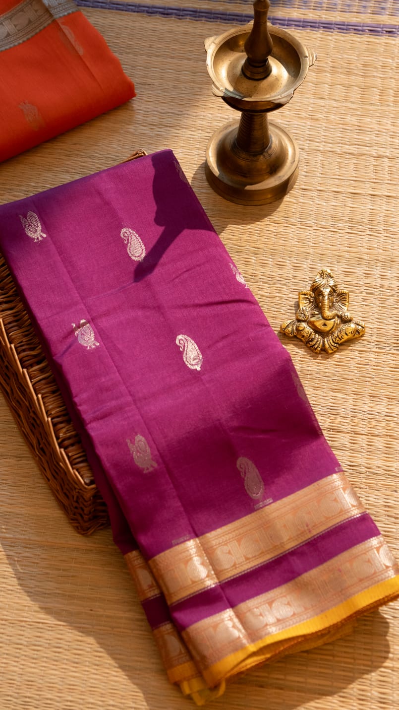 Mangalgiri Silk Cotton Saree - 15-11-02-05 (Meganta with Lime Yellow)