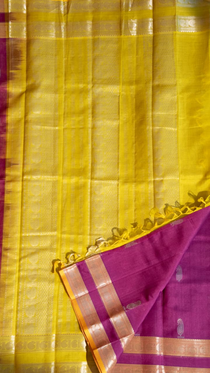 Mangalgiri Silk Cotton Saree - 15-11-02-05 (Meganta with Lime Yellow)
