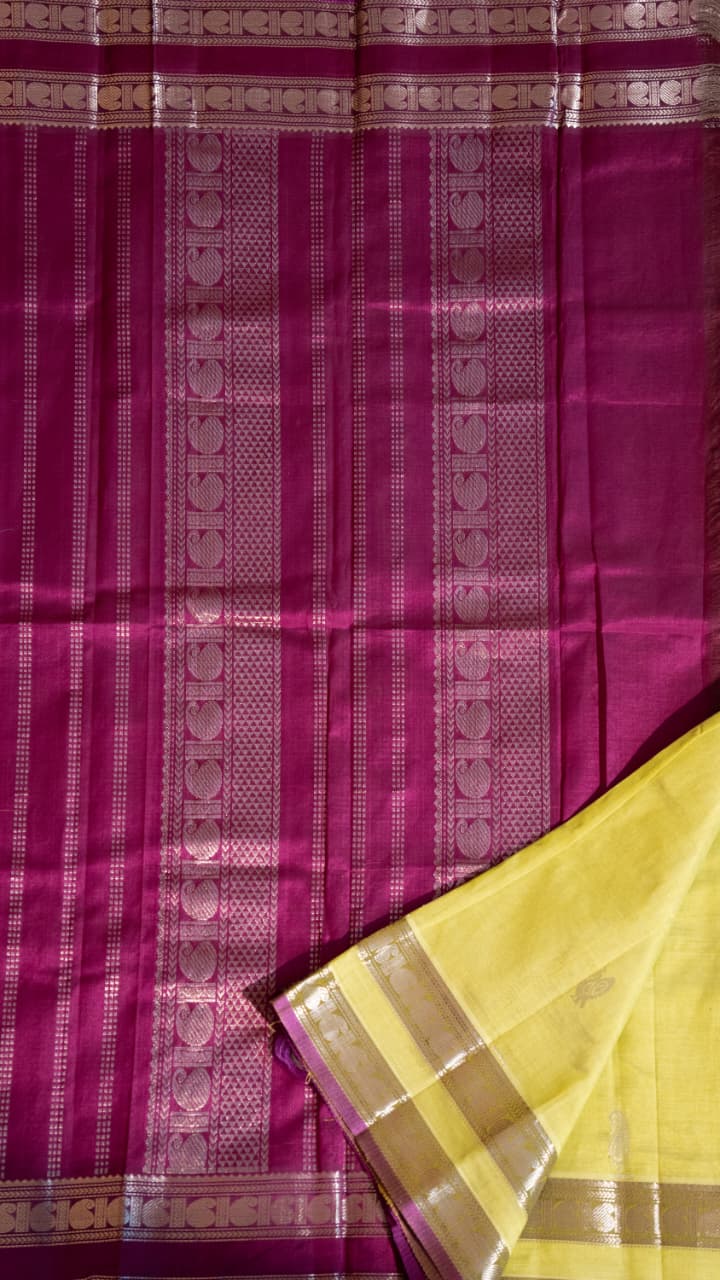 Mangalgiri Silk Cotton Saree - 15-11-02-04 (Lime Yellow with Meganta)
