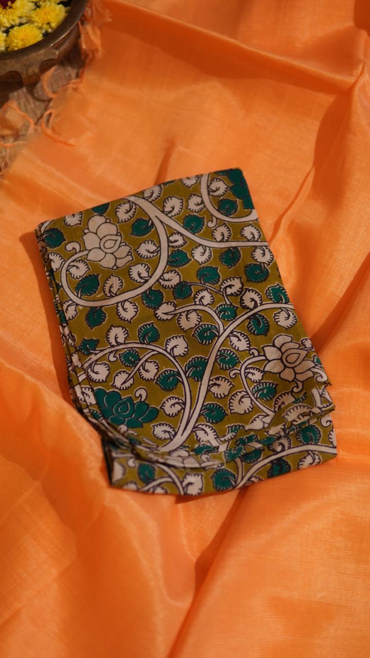 Mangalgiri Plain Silk Cotton Saree with Kalamkari Blouse - 15-11B-01-04 (Sunset Glow)