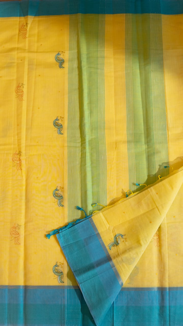Mangalagiri Embroided Cotton Saree - 15-11B-03-04 (Yellow with Blue)