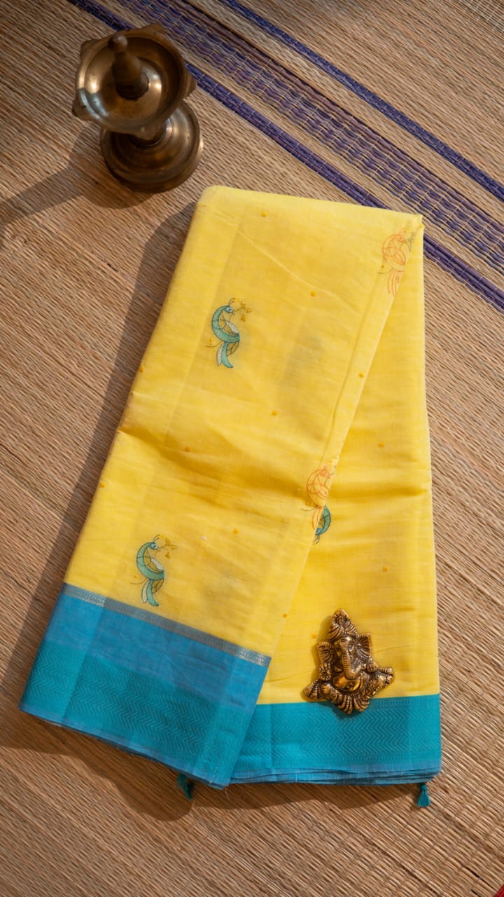 Mangalagiri Embroided Cotton Saree - 15-11B-03-04 (Yellow with Blue)
