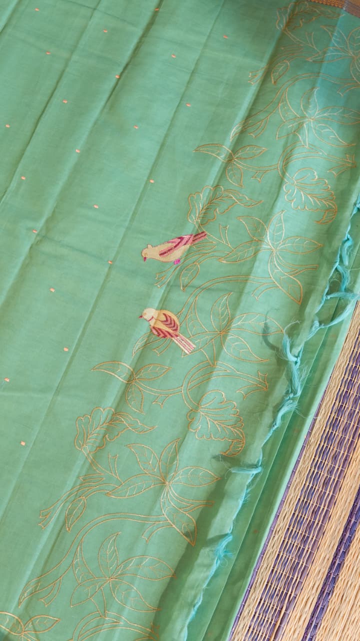 Mangalagiri Embroided Cotton Saree - 15-11B-03-03 (Sea Green)