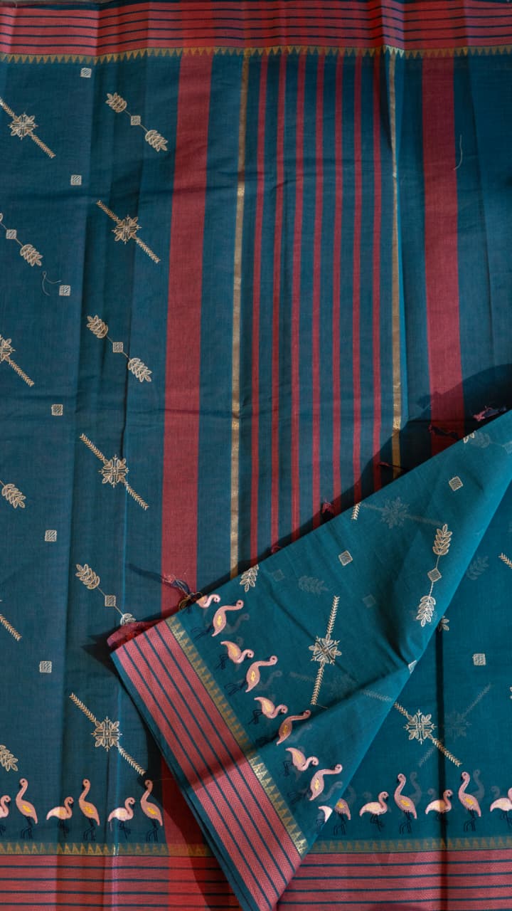 Mangalagiri Embroided Cotton Saree - 15-11B-03-02 (Peacock Green)