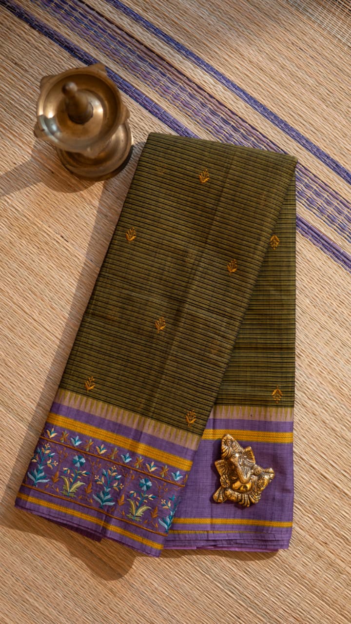 Mangalagiri Embroided Cotton Saree - 15-11B-03-08 (Olive Green)